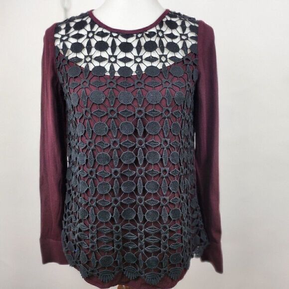 WRAP London Boho Crochet Front Black Burgundy Long Sleeve Top Womens Small - Picture 1 of 6